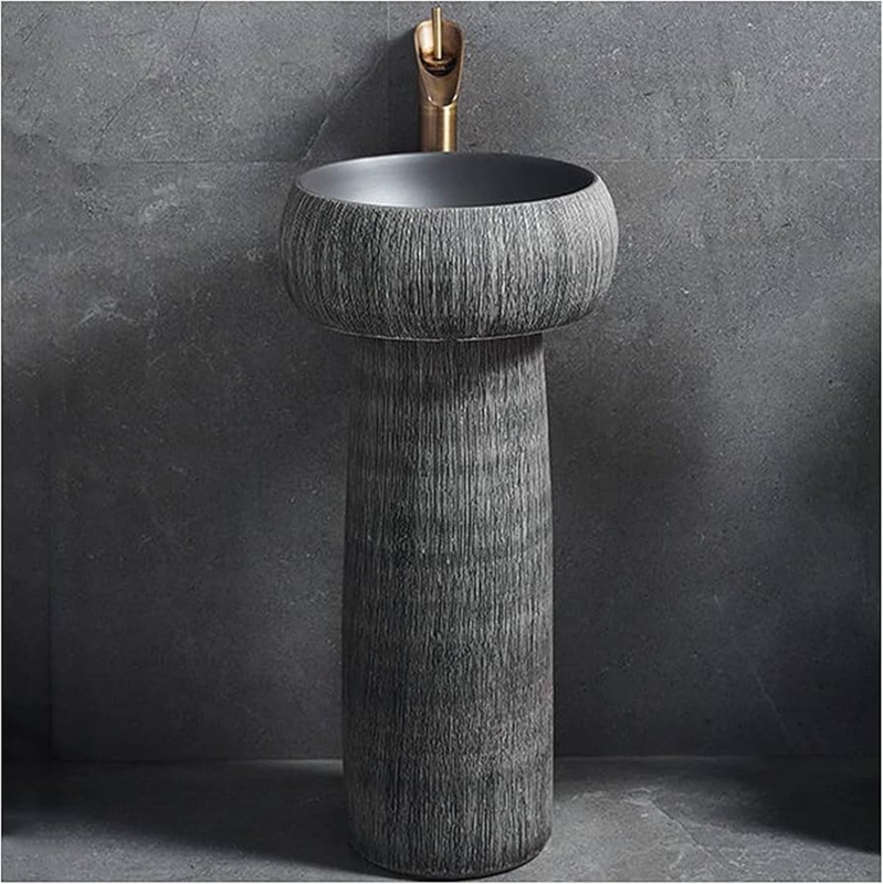 Pedestal Sink Vertical Grooves Charcoal Gray Monolithic Form