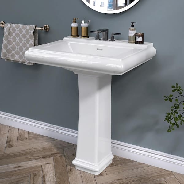 Pedestal Sink Vitreous China Rectangular Basin Tiered Edges