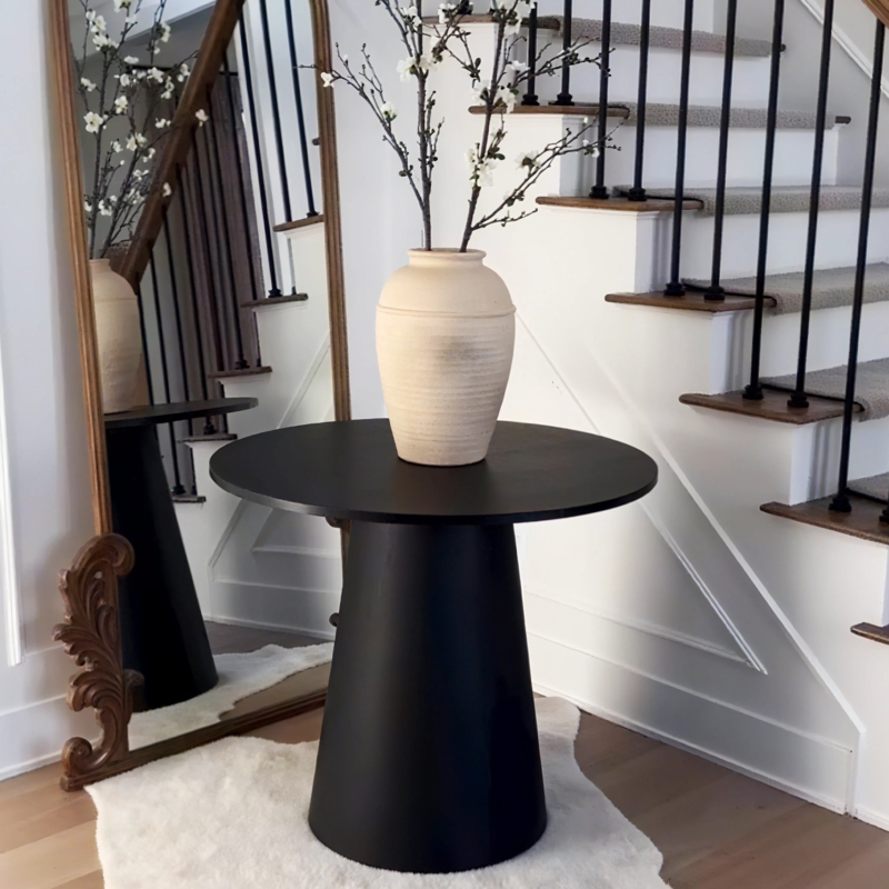 Pedestal Table Matte Black Round Top with Sculptural Silhouette