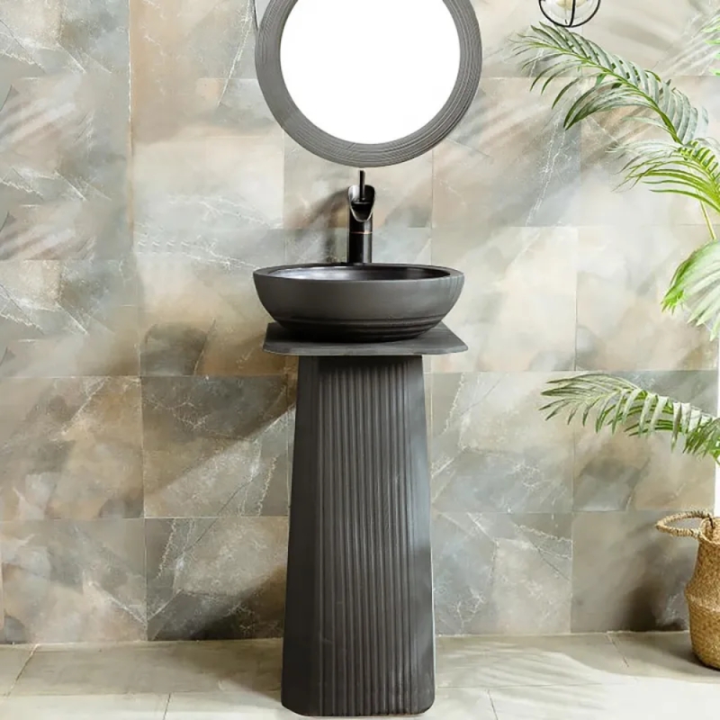 Pedestal Vessel Sink Charcoal Ribbed Texture Integrated Mid Shelf