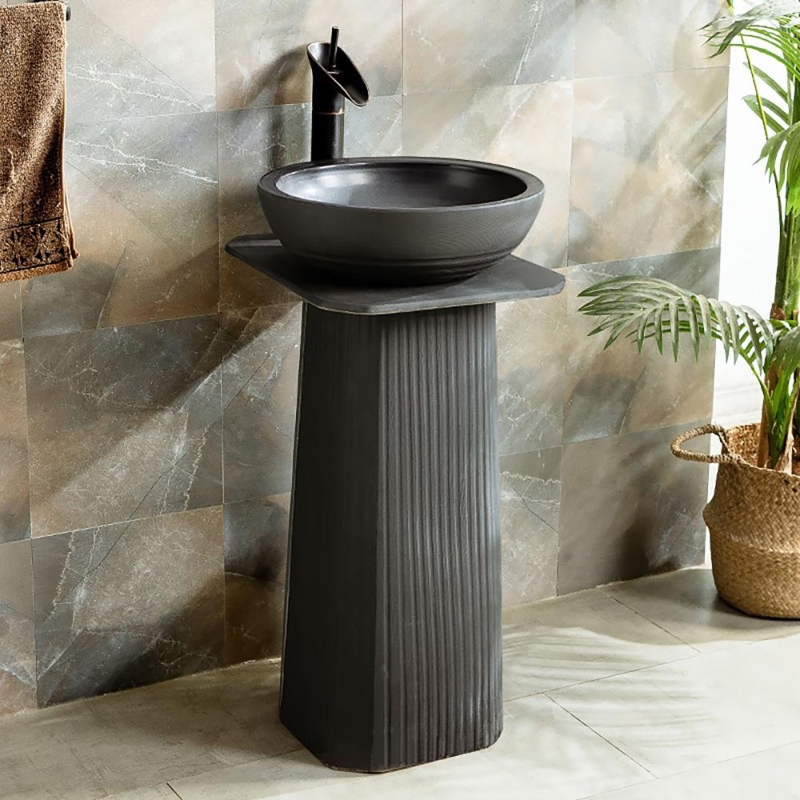 Pedestal Vessel Sink Vertical Fluting Matte Black Waterfall Faucet
