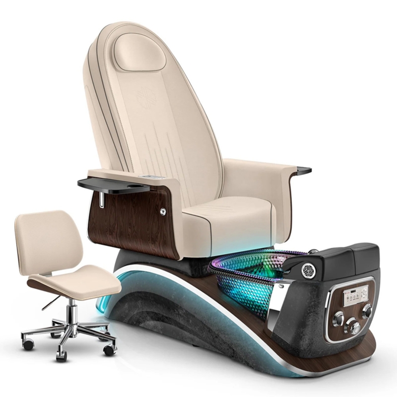 Pedicure Chair System with Matching Technician Stool and Walnut Accents