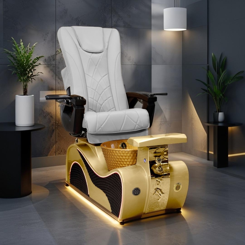 Pedicure Chair with Wavy Gold Base and Diamond Quilted Upholstery
