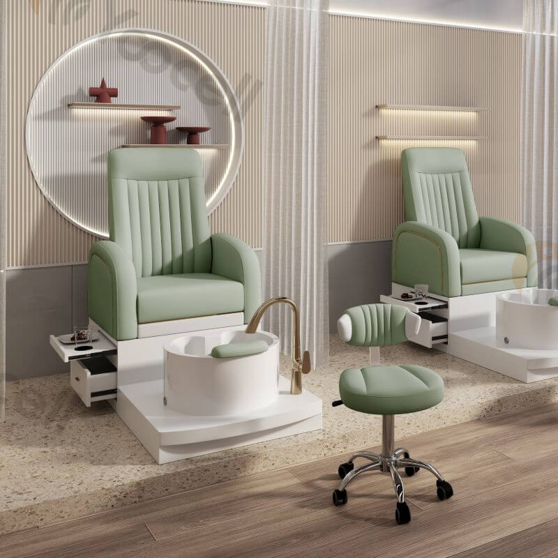 Pedicure Station Chair with Mint Green Upholstery and Gold Fixtures