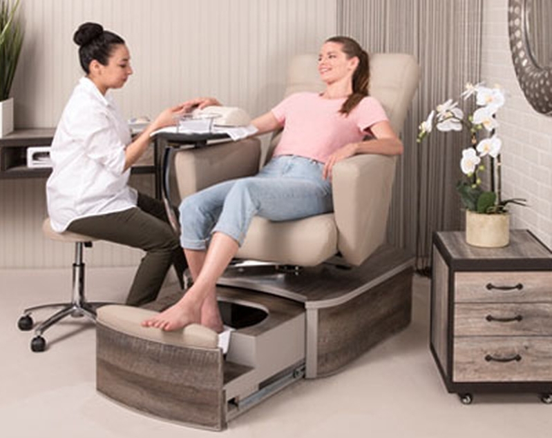 Pedicure Unit with Distressed Grey Wood Base and Integrated Plumbing