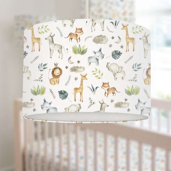 Pendant Lampshade White Watercolor Safari Botanical Motifs