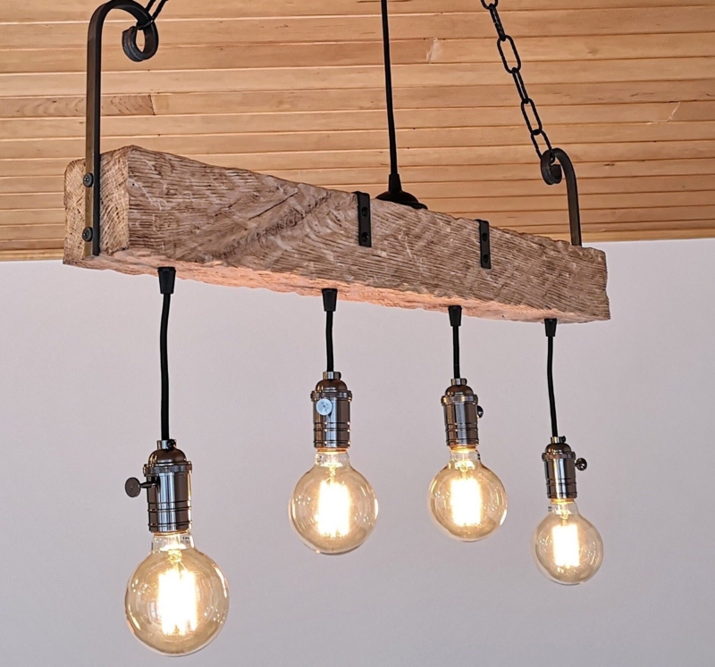 Pendant Light, Distressed Wood Beam, Scroll Metal Accents, 4-Light.