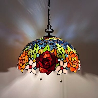 Pendant Light: Dual Pull Chains, Scalloped Floral Rim, Tiffany Pendant