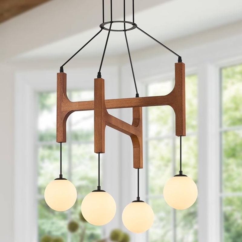 Pendant Light, Geometric Wood Frame, Milk Glass Globes, 4-Light.