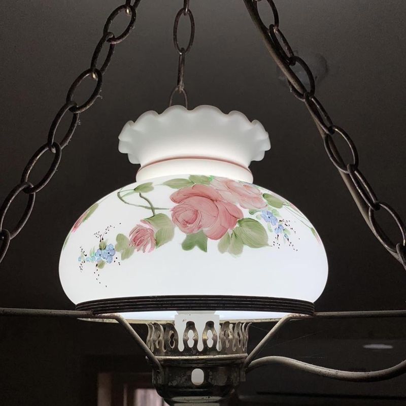 Pendant Light: Hand-Painted Rose Motif, Scalloped Rim, Student Shade