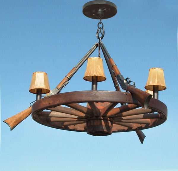 Pendant Light, Lever Action Rifle Supports, Rustic Lodge Wagon Wheel
