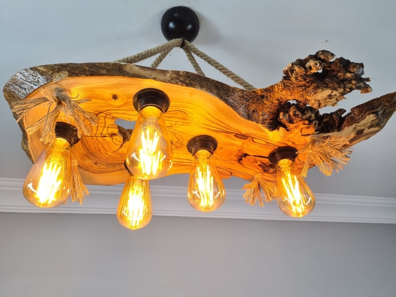 Pendant Light, Live Edge Olive Wood Slab, Fiber Rope, 5-Light Rustic.