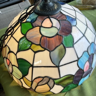 Pendant Light Multi-Colored Rose Lamp Vented Cap Domed Leaded Glass