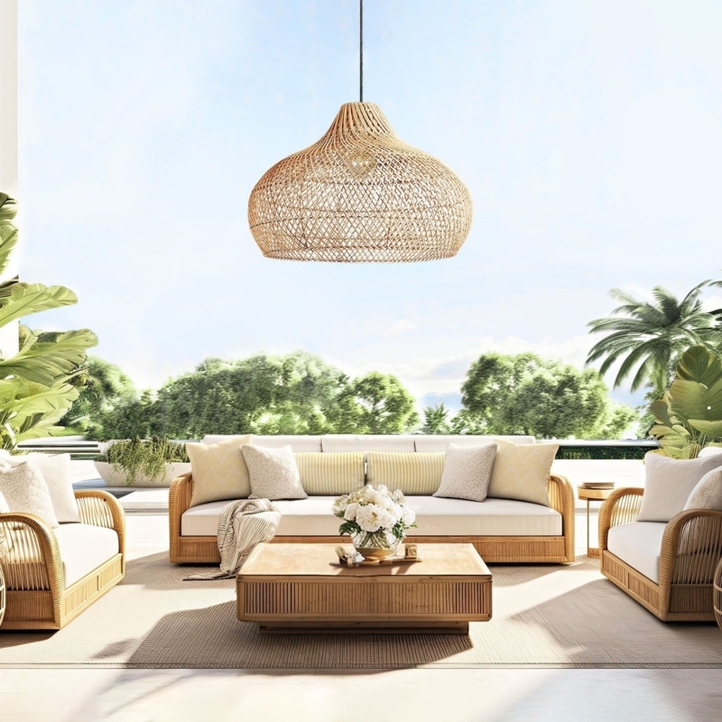 Pendant Light, Organic Woven Bell Shade with Open Weave Texture