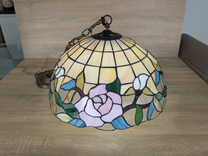 Pendant Light Pink Rose Glass Lamp Beige Grid Slag Dome