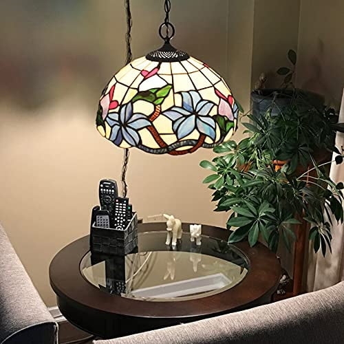 Pendant Light Plug-In Floral Swag Lamp Cream Blue Pink Scalloped
