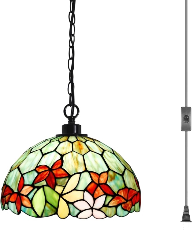 Pendant Light Red Green Floral Lamp Sage Poppy Plug-In Black Finish