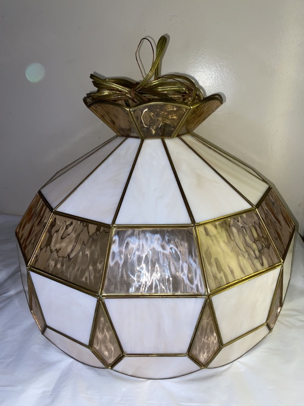 Pendant Light Rippled Amber Glass Shade Flared Top Faceted Slag