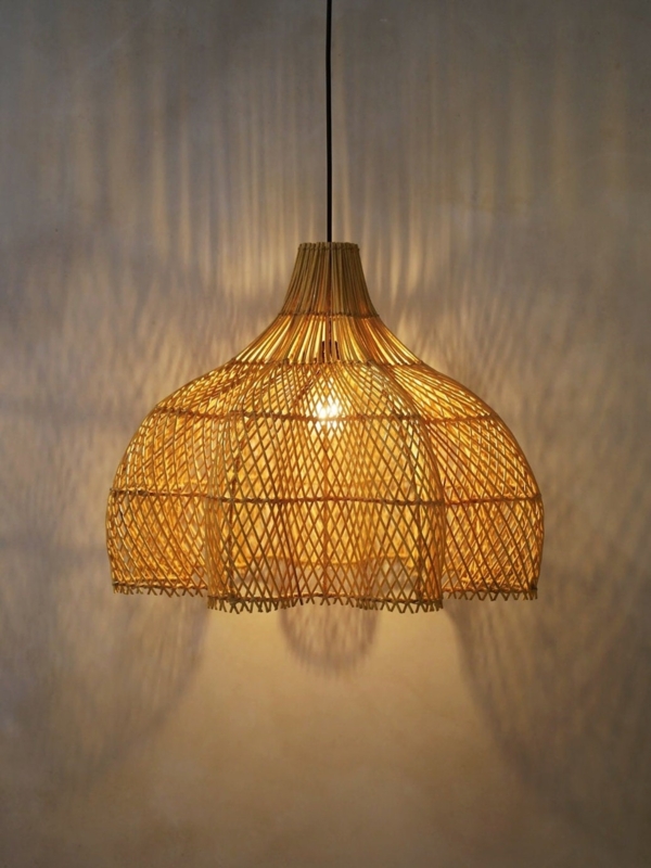 Pendant Light Scalloped Rattan Lattice Weave Bohemian Cottagecore Style