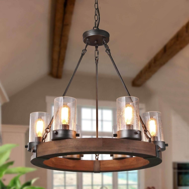 Pendant Light, Seeded Glass Cylindrical Shades, 6 Light Farmhouse Fixture