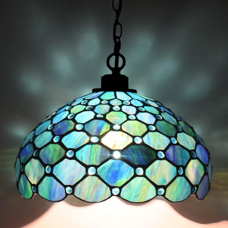 Pendant Light Stained Glass Pearl Lamp Iridescent Sea Blue Scalloped