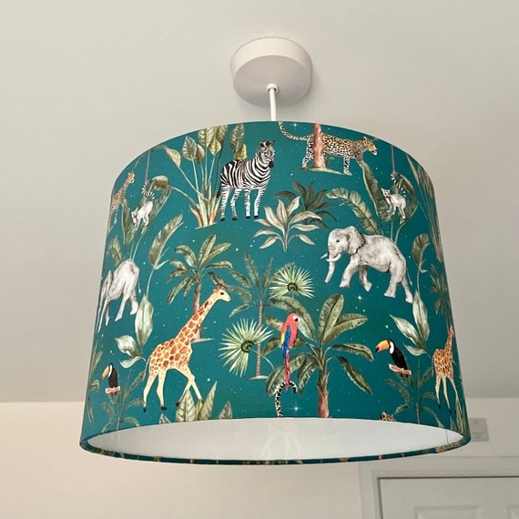 Pendant Light Teal Green Jungle Animal Print Drum Shade