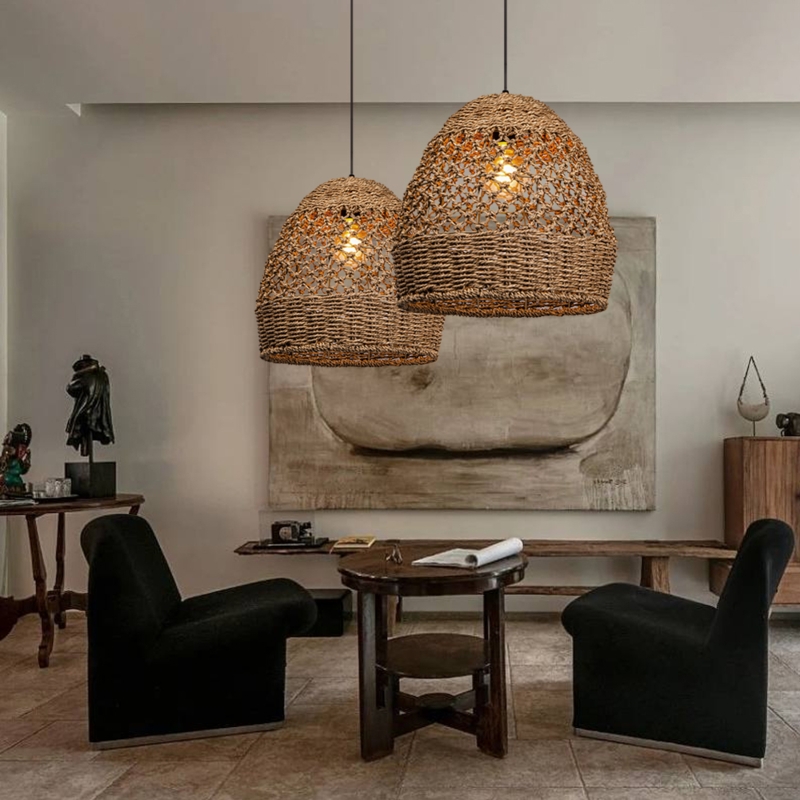 Pendant Light Tiered Texture Layered Seagrass Bell Wabi Sabi