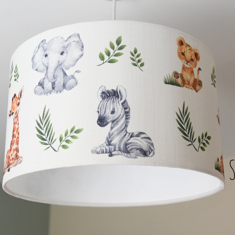 Pendant Light Watercolor Print Baby Animal Motif Drum Shade