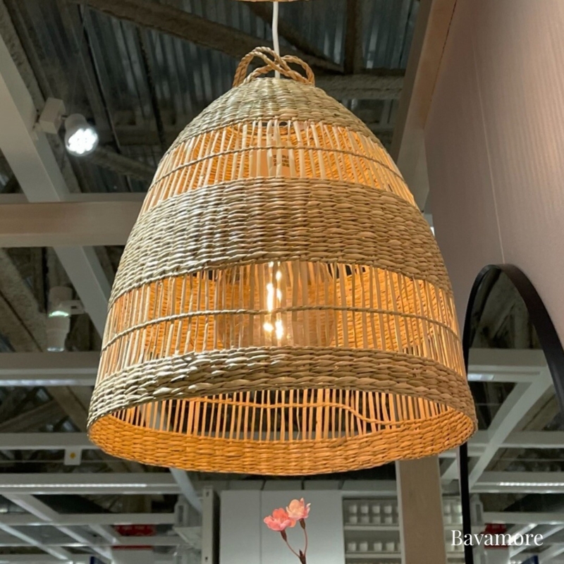 Pendant Light, Woven Seagrass Bell Shape with Alternating Bands
