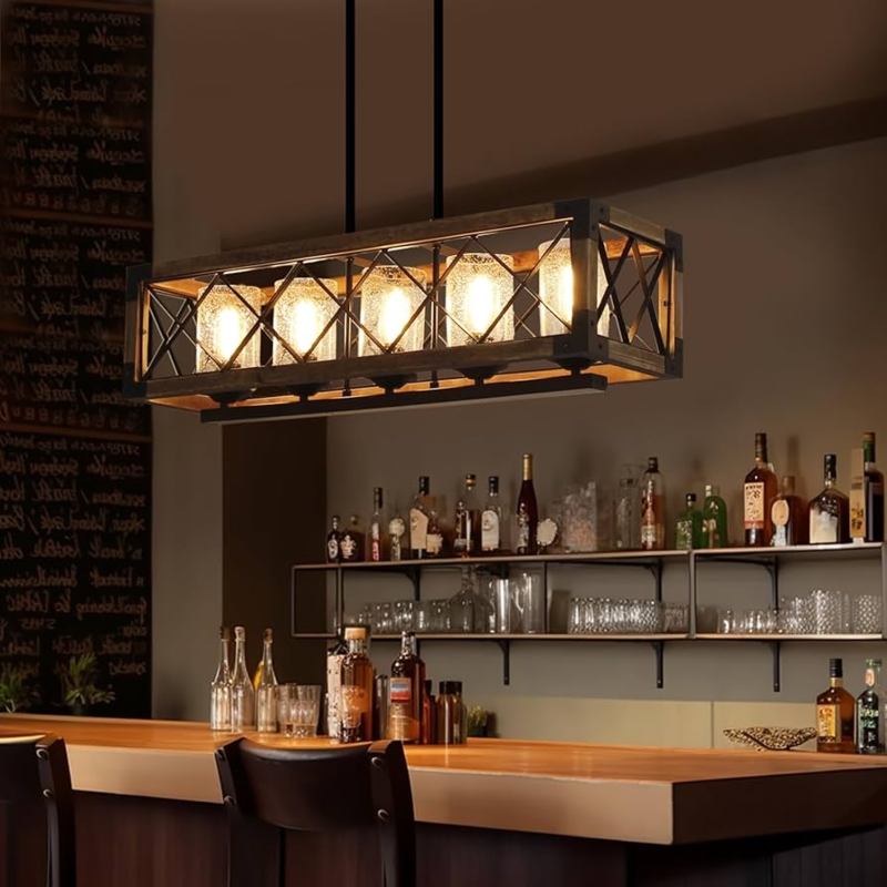 Pendant Light X-Brace Linear Wood Metal Frame Seeded Glass Farmhouse Bar