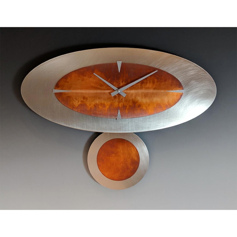 Pendulum Clock Oval Face Mixed Metal Textures Mid-Century Industrial