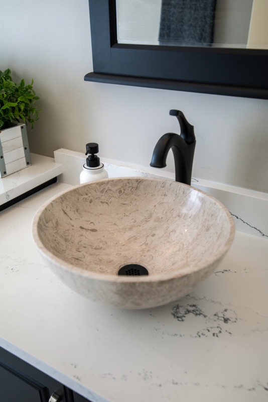 Penny Grey Marble Sink, Round Vessel Bowl with Unique Fossil Pattern