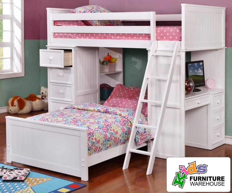 Perpendicular Twin Bunk Bed with Desk and Beadboard