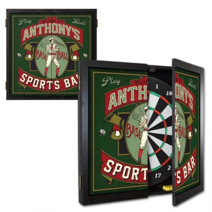 Personalized Baseball Dartboard Cabinet, Vintage Sports Bar Decor