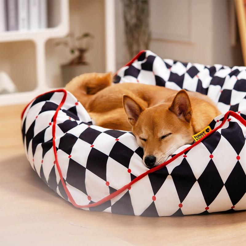 Pet Bean Bag Harlequin Pattern Red Piping Raised Bolster