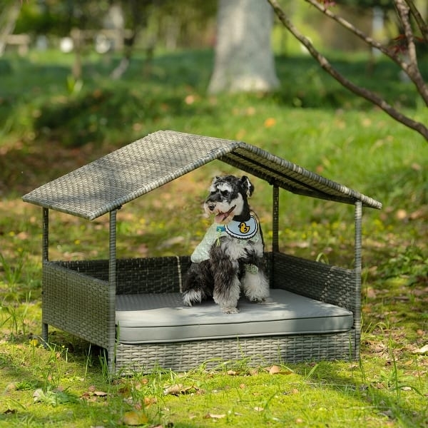 Pet Bed Gabled Canopy, Charcoal Wicker Elevated Dog House