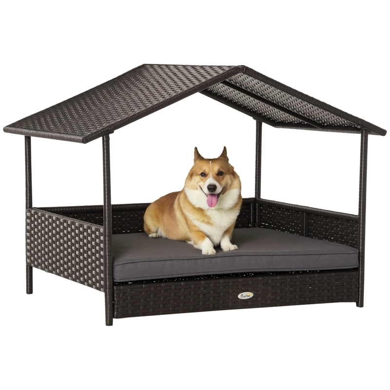 Pet Bed Pavilion Style, Raised Rattan Wicker Outdoor Dog House