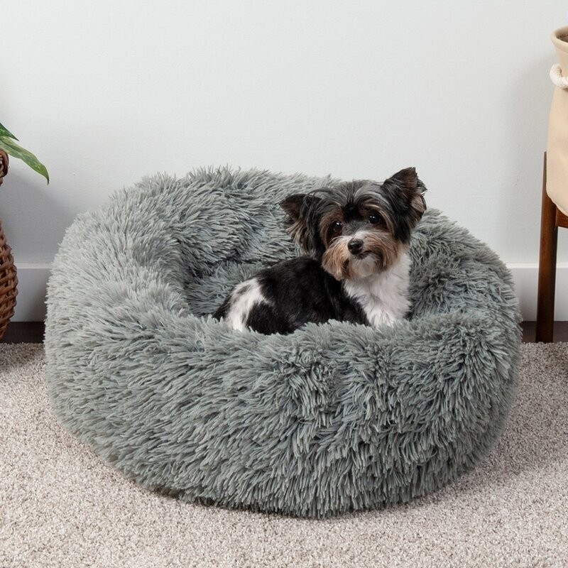 Pet Bed Shaggy Faux Fur Donut Shape High Bolster
