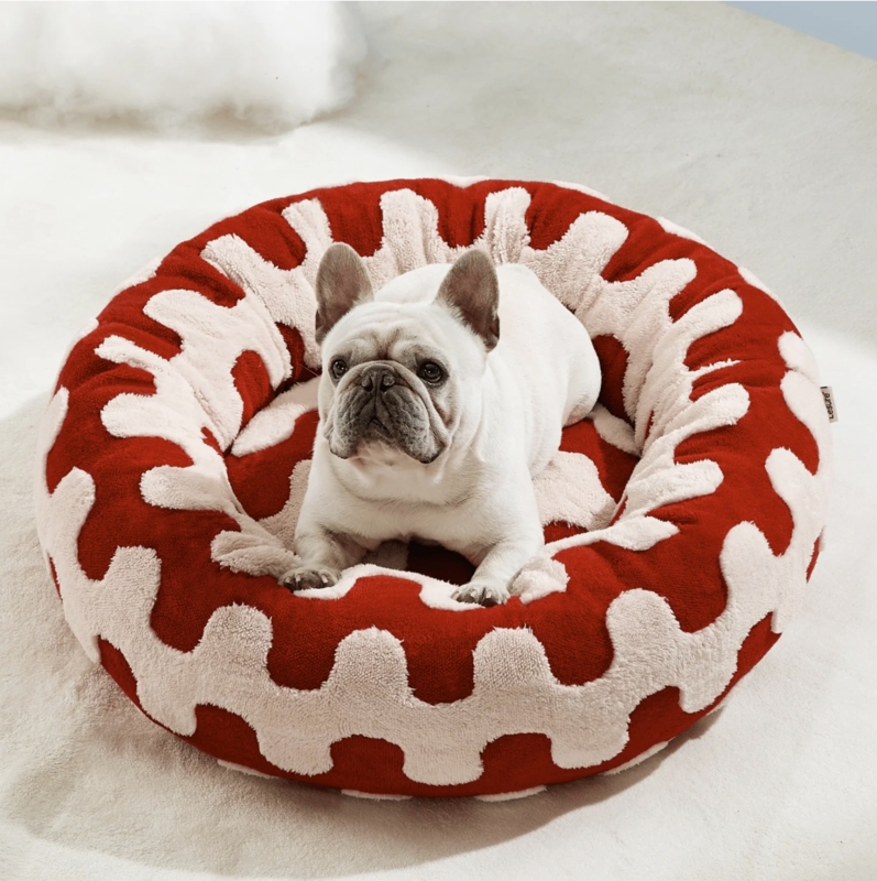 Pet Bed Wavy Pattern Cherry Red Plush Graphic