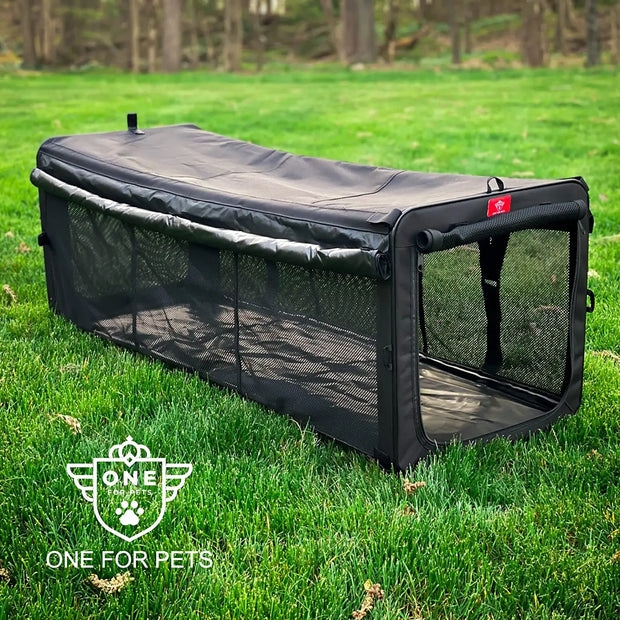 Pet Enclosure, Elongated Form, Matte Black, Roll-Up Door, Mesh
