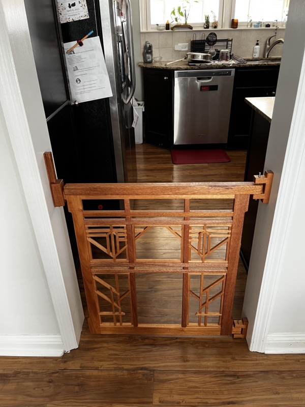 Pet Gate, Mid-Century Modern Warm Wood with Geometric Pattern Joinery