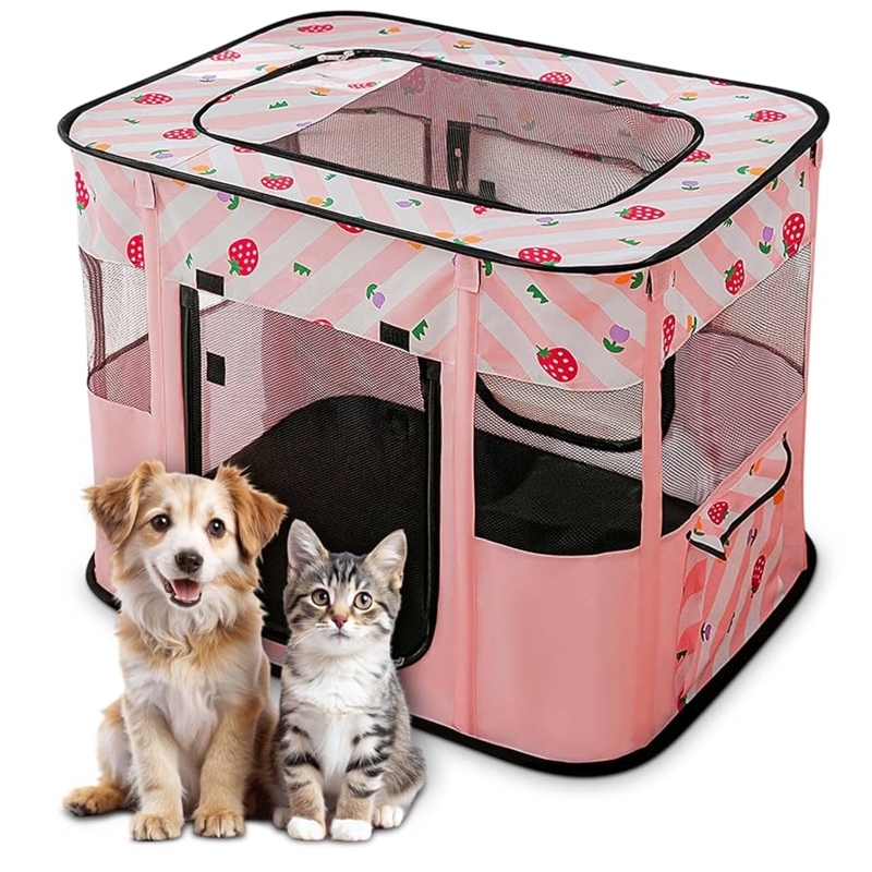 Pet Playpen Pastel Pink Strawberry Pattern Mesh Foldable