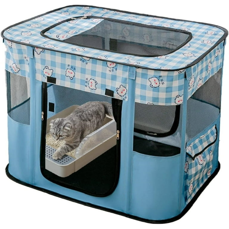 Pet Playpen Sky Blue Gingham Bear Graphics Portable