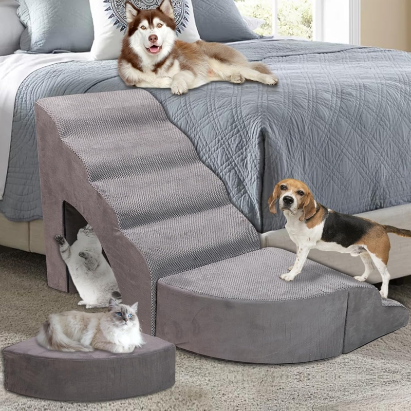 Pet Ramp, 5-Step Foam with Cat Cubby and Wide Curved Steps
