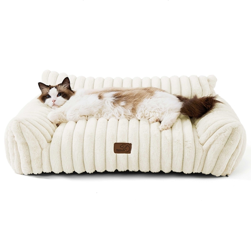 Pet Sofa Bed Cream White Plush Ribbed Channels Bolster Sides Dog Couch