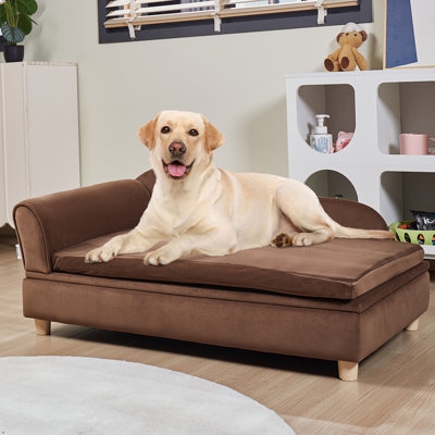 Pet Sofa Chocolate Brown Fabric Tapered Legs Rolled Arm Elevated Dog Couch