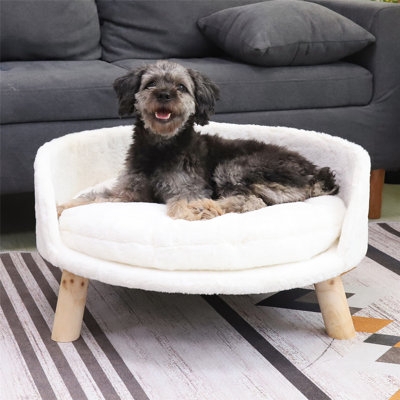 Pet Sofa Cream White Faux Fur Tapered Wood Legs Elevated Dog Bed