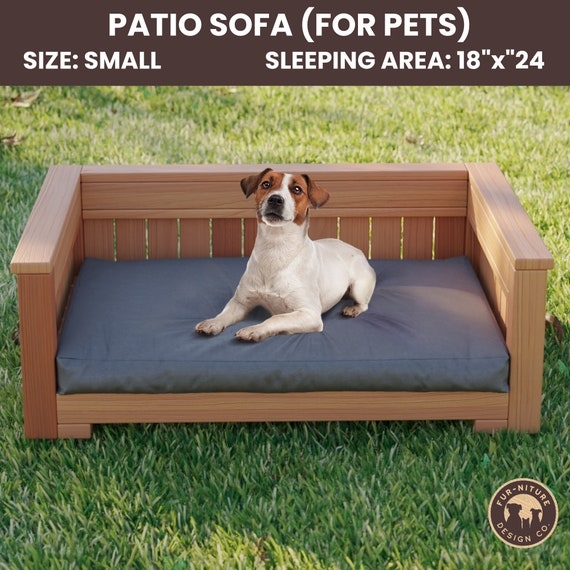 Pet Sofa Slat Back, Modern Rustic Wood Dog Couch Charcoal Cushion