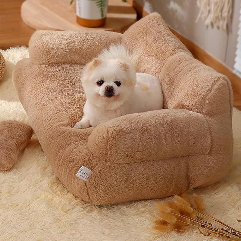 Pet Sofa Warm Tan Plush Faux Fur Shaggy Bolstered Sides Dog Couch Bed