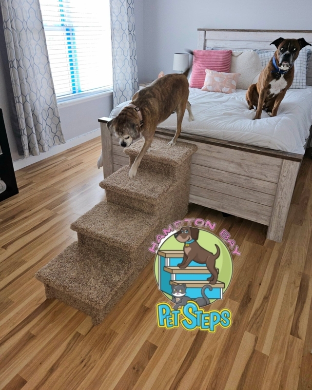 Pet Stairs, Plush Tan Carpet with Deep Treads and High Reach